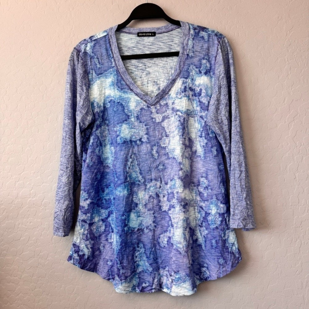 David Cline Large Top Blue 3/4 Sleeve V-Neck Abstract Wave Slub Knit 7112